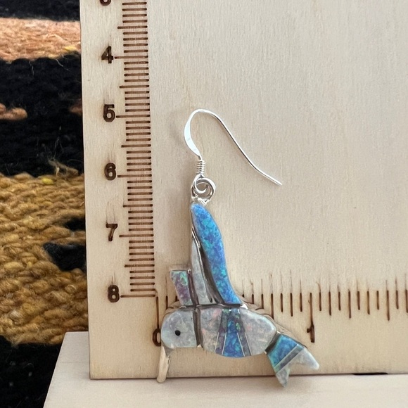 ❤️ Signed Zuni Opal Inlay Native American Sterling Hummingbird Earrings 9.2Gm - Picture 6 of 11